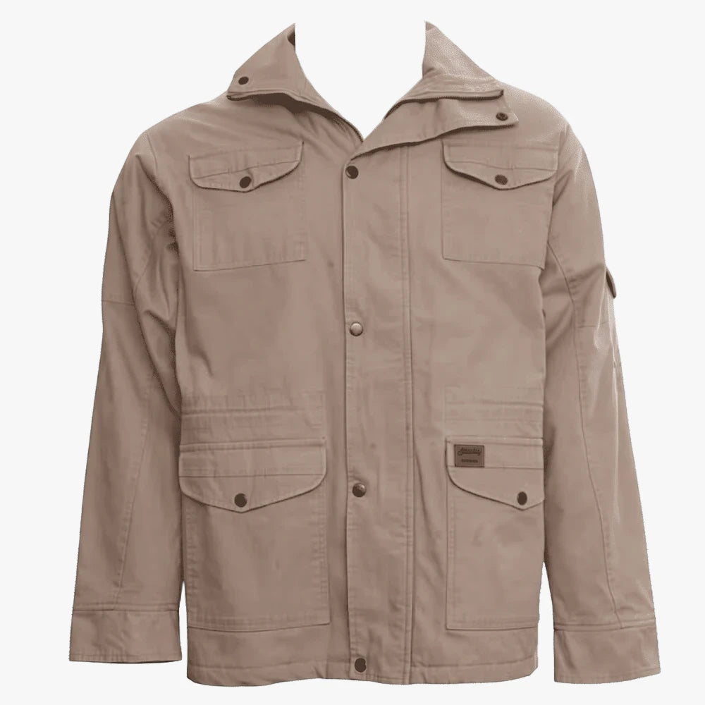 Sterling Mens Half Lined Fleece Jacket in khaki, front view on a mannequin, featuring multiple utility pockets and a stand