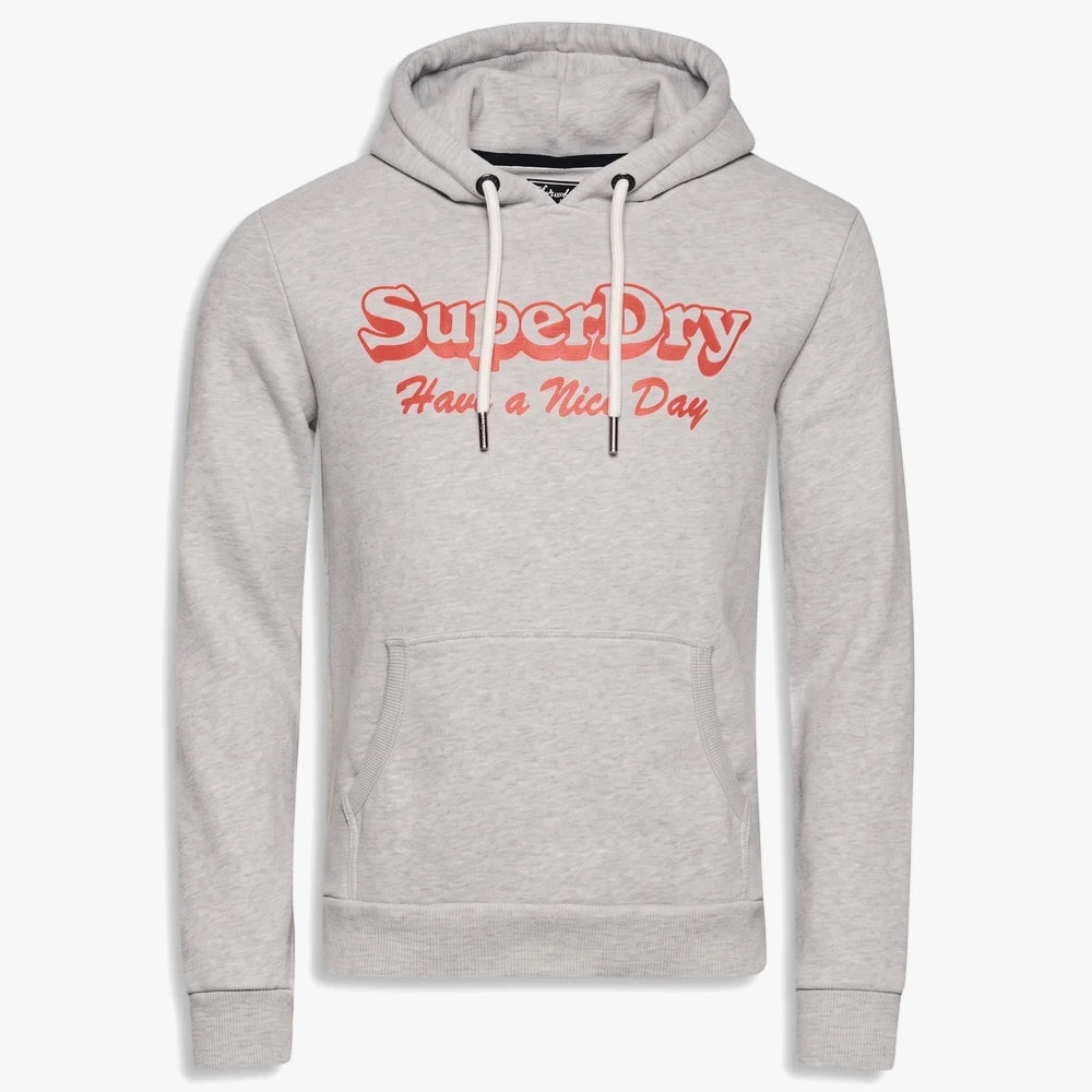 Superdry Mens Vintage Travel Hoodie in zinc grey with a red logo print and front kangaroo pocket.