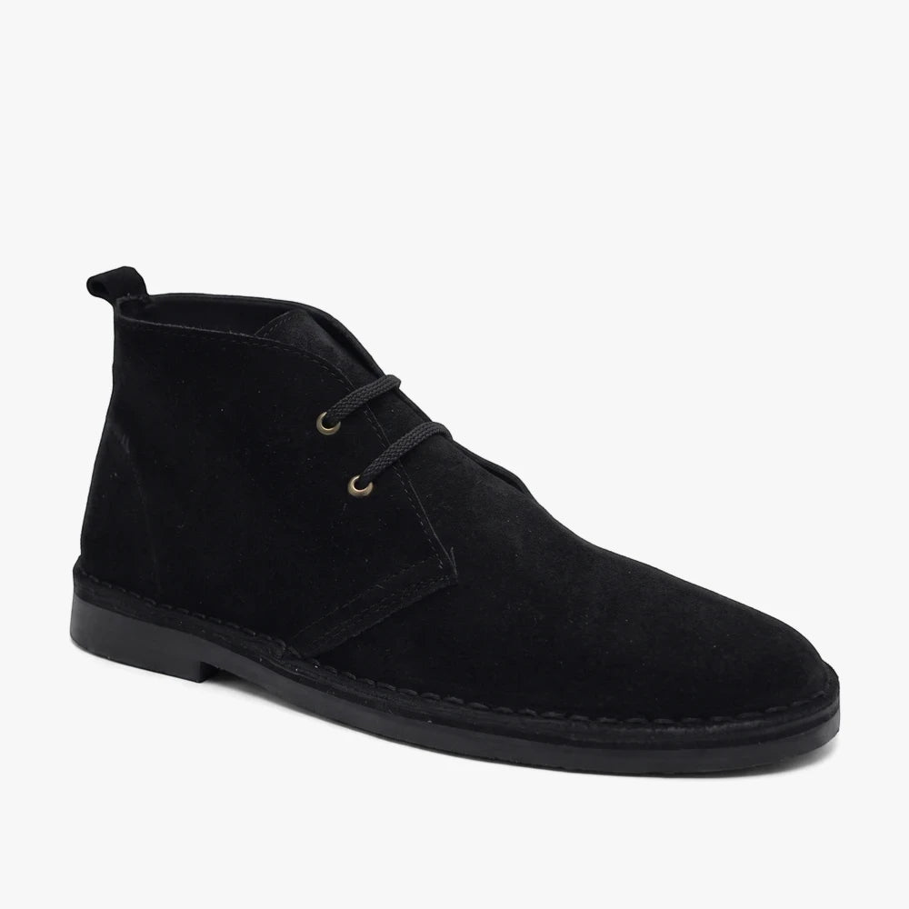 Black suede Survivor Hunter Vellies chukka boot with two eyelets, presented in a full, slightly angled view.
