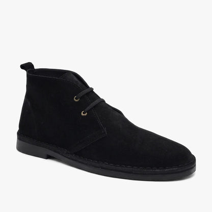 Black suede Survivor Hunter Vellies chukka boot with two eyelets, presented in a full, slightly angled view.