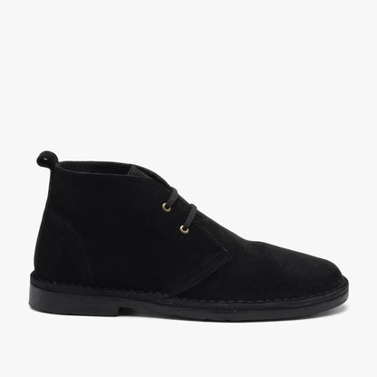 Black suede Survivor Hunter Vellies Boots, shown from a side view, featuring a classic design with two eyelets.
