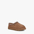 Ugg Womens Tasman slipper in chestnut brown suede, featuring a braided trim and a cozy sheepskin lining, shown from a side