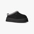 Ugg Womens Tazz II black platform slipper in profile view with distinctive white zig-zag trim around the collar.