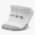 Three white Under Armour Adult Heatgear No Show Socks 3-pack, featuring grey logo and reinforced heels, shown in a side view.