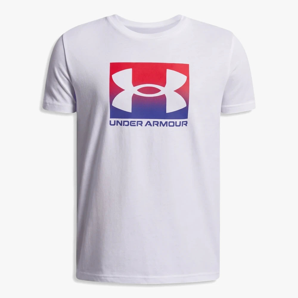 White Under Armour boys short sleeve tee with a red, white, and blue boxed logo graphic on the chest.