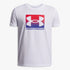 White Under Armour boys short sleeve tee with a red, white, and blue boxed logo graphic on the chest.