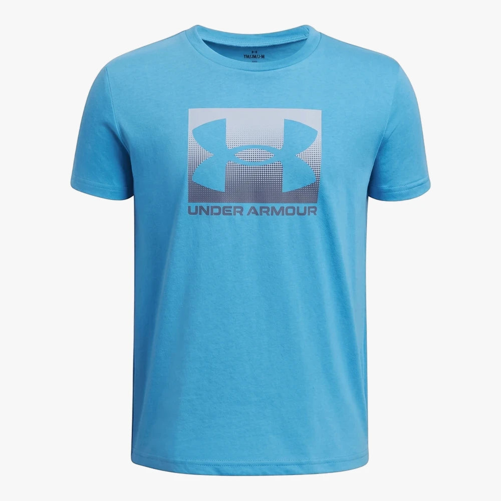 Under Armour Boys Boxed Sport Update Short Sleeve Tee in 452 Blue, featuring a prominent chest logo on a textured fabric.