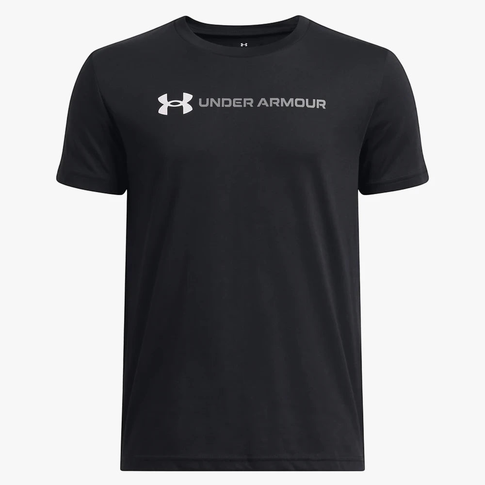 Black Under Armour Boys Logo Wordmark short sleeve tee, featuring the white Under Armour logo prominently on the chest.
