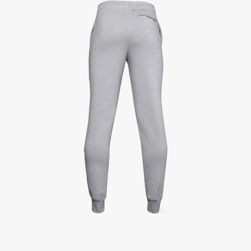 Under Armour Boys Rival Fleece Jogger in light grey, viewed from the back, featuring an elastic waistband, side pockets, and