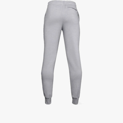 Under Armour Boys Rival Fleece Jogger in light grey, viewed from the back, featuring an elastic waistband, side pockets, and