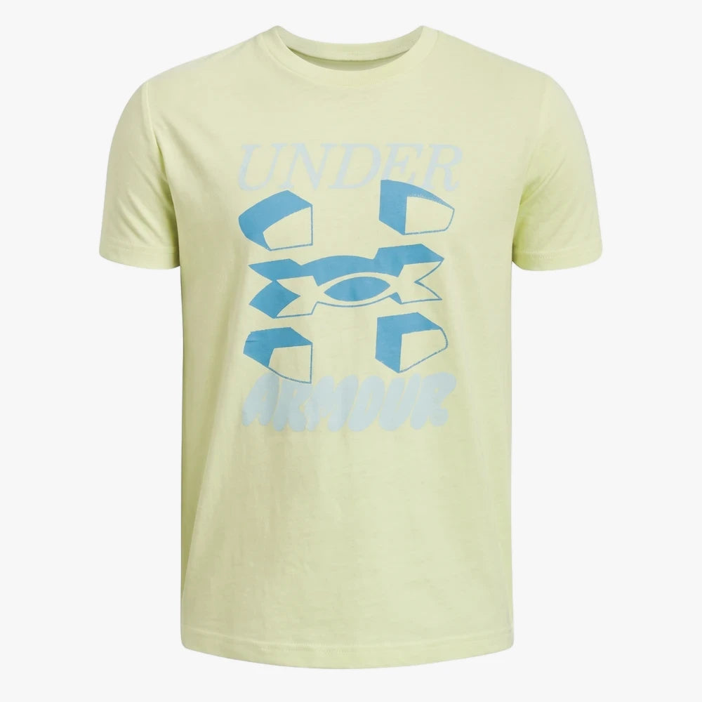 Under Armour Boys Split Logo Short Sleeve Tee in light yellow with a blue and light blue distressed graphic logo on the
