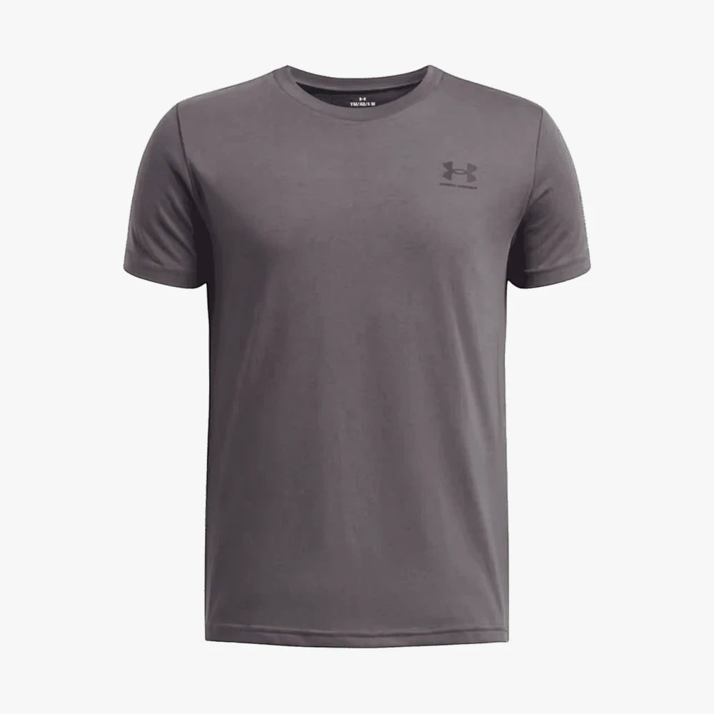 Under Armour Boys Sportstyle Short Sleeve Tee in dark grey, featuring the logo on the chest, visible from the front.