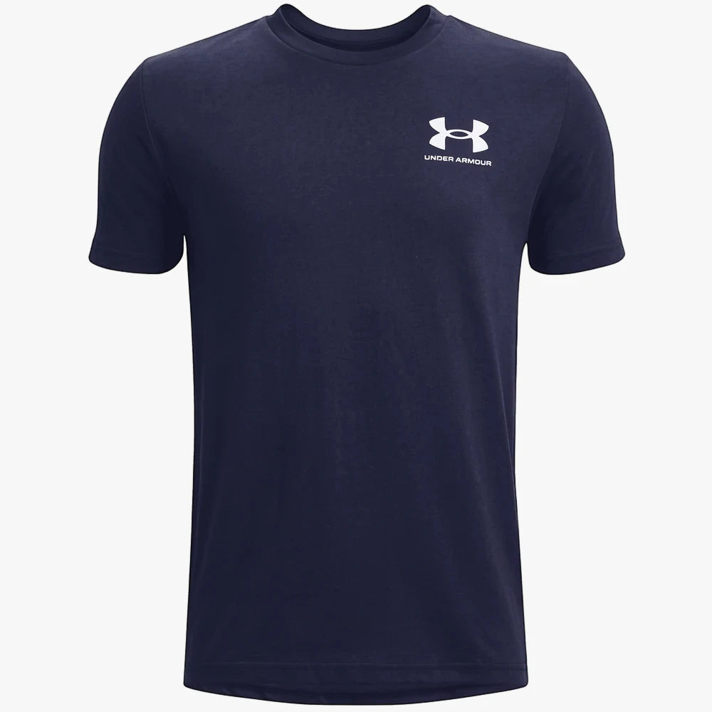 Under Armour Boys Sportstyle Left Chest Short Sleeve Tee in navy blue with a white logo on the left chest.