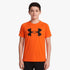 Under Armour Boys Tech Big Logo Short Sleeve Tee in 847 Fire, featuring a bold black logo on an orange shirt.