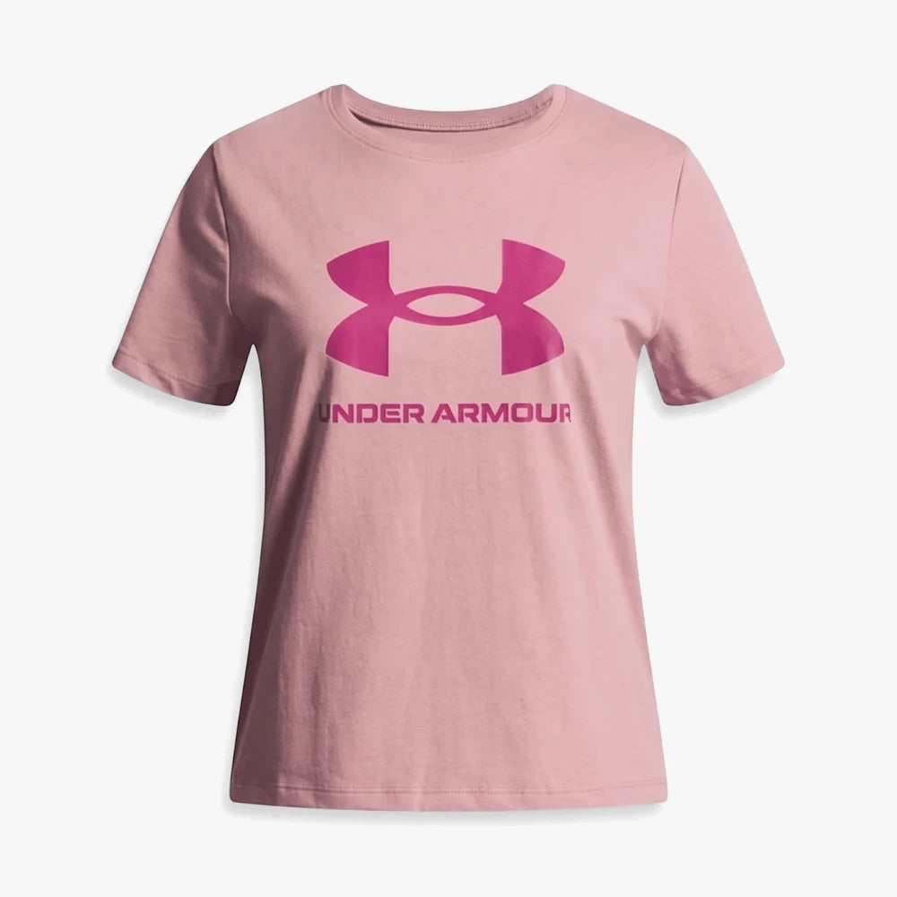 Under Armour Girls Big Logo Short Sleeve Tee in pink, featuring a prominent fuchsia logo. Front view of a cotton t-shirt.