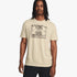 Under Armour Mens Abc Camo Boxed Short Sleeve Tee in beige, featuring a camouflage logo. Front view of a man wearing the