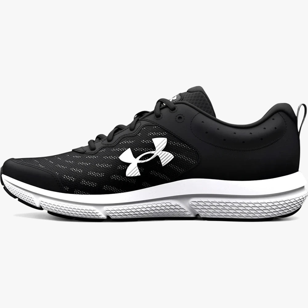 Under Armour Mens Charged Assert 10 running shoe in black with white sole, mesh upper, and side profile view.