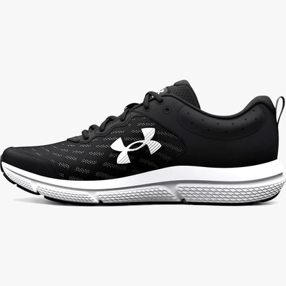 Under Armour Mens Charged Assert 10 running shoe in black with white sole, mesh upper, and side profile view.