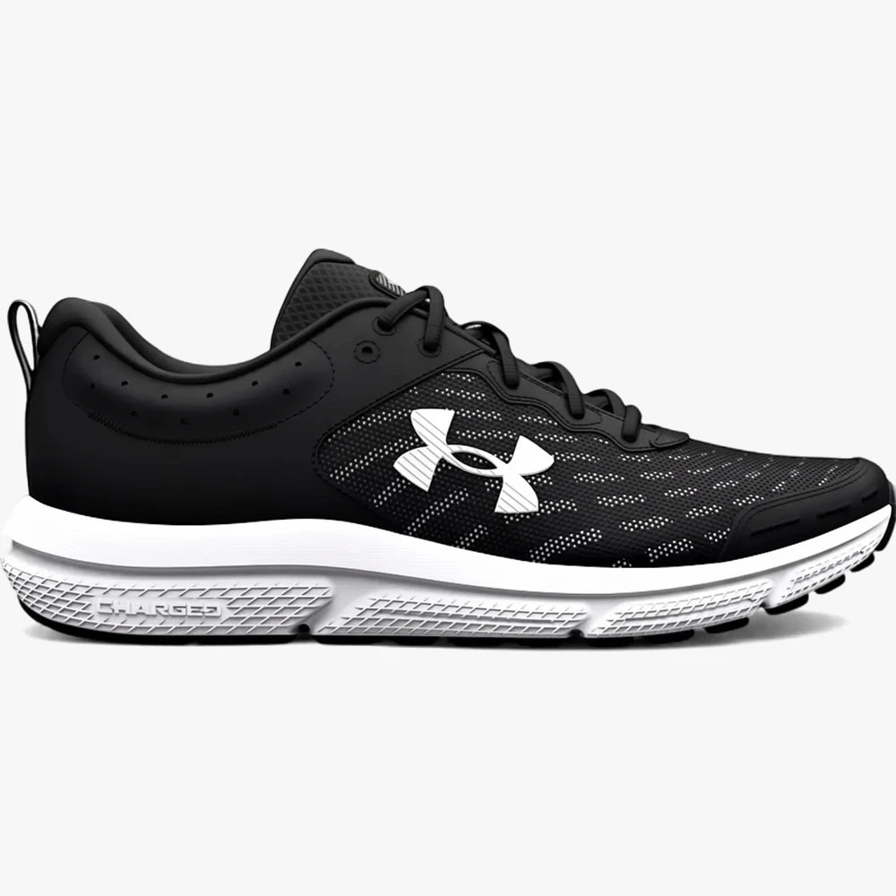 Under Armour Mens Charged Assert 10 Sneaker Trainer in black and white, with a mesh upper and &