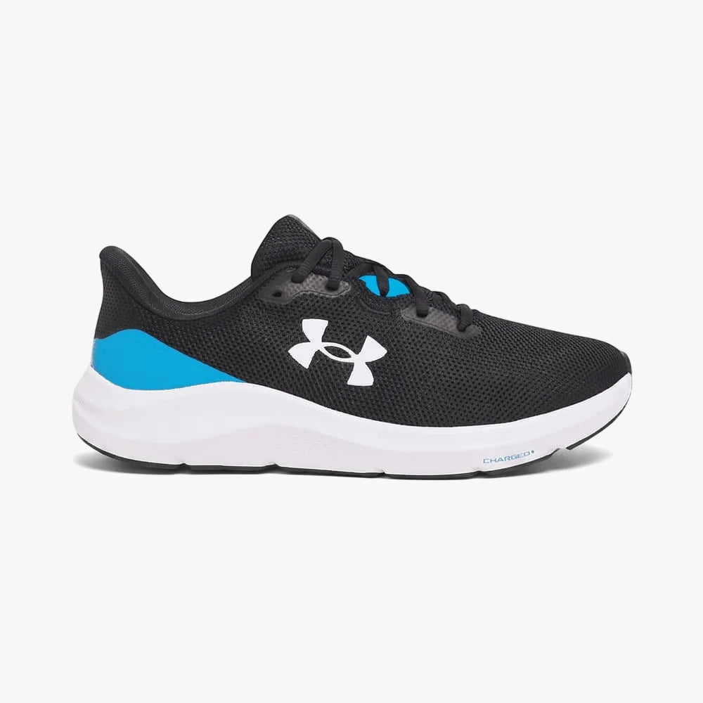 Under Armour Mens Charged Pursuit 4 Sneaker in black with white sole and blue accents, side view.
