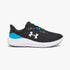 Under Armour Mens Charged Pursuit 4 Sneaker in black with white sole and blue accents, side view.