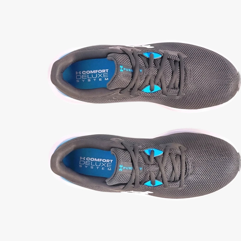 Two dark gray Under Armour Mens Charged Pursuit 4 sneakers with blue accents, shown from a top-down view on a white