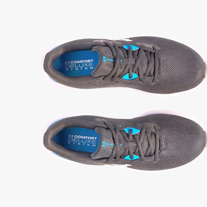Two dark gray Under Armour Mens Charged Pursuit 4 sneakers with blue accents, shown from a top-down view on a white