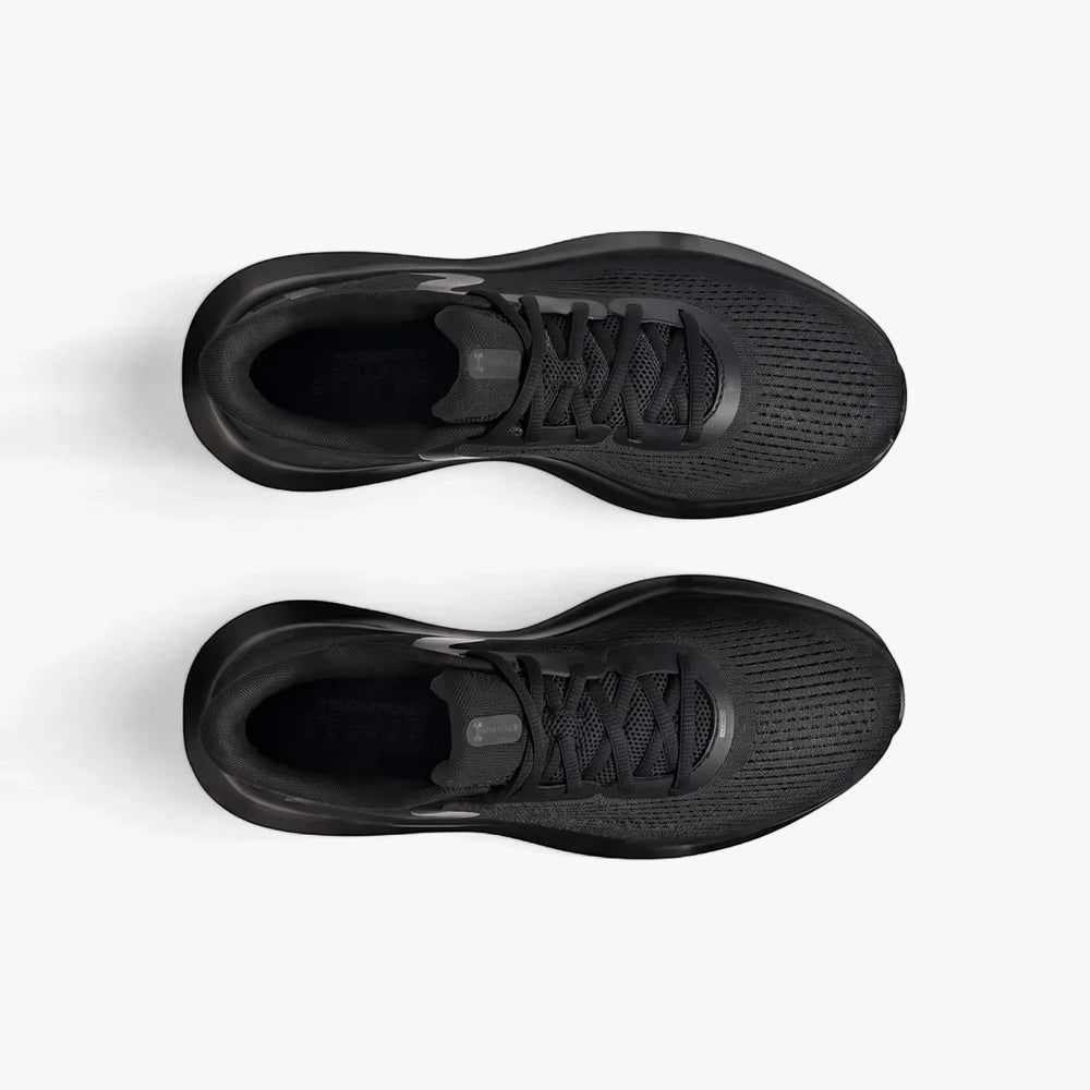 Pair of black Under Armour Mens Charged Rogue 5 athletic sneakers shown from a top-down view, featuring mesh uppers and