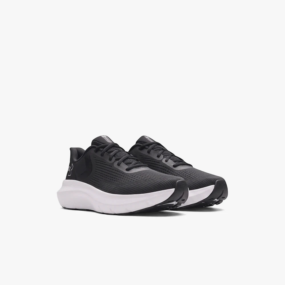 Pair of Under Armour Mens Charged Rogue 5 sneakers in black and white, featuring a mesh upper and thick white sole, designed