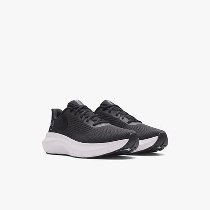 Pair of Under Armour Mens Charged Rogue 5 sneakers in black and white, featuring a mesh upper and thick white sole, designed