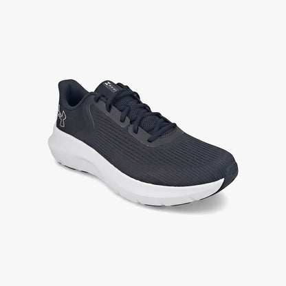 Black and white Under Armour Mens Charged Rogue 5 running sneaker with a textured knit upper and a thick white sole, shown