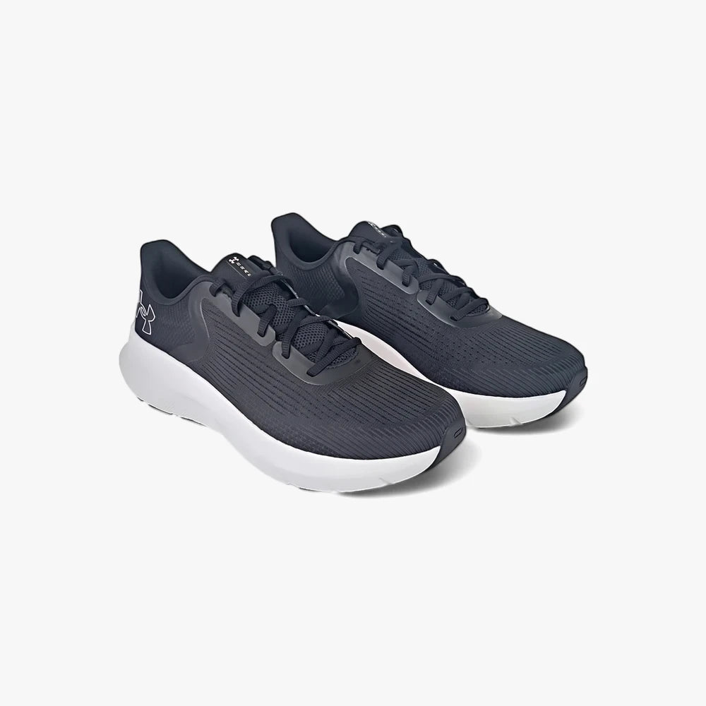 A pair of black and white Under Armour Mens Charged Rogue 5 running sneakers, angled slightly to the right, on a white