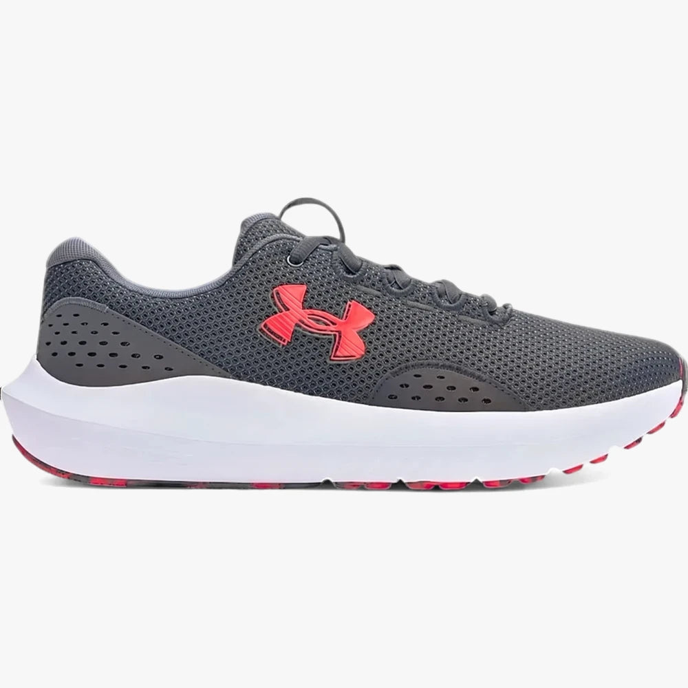 Under Armour Mens Charged Surge 4 005 running shoe in dark grey with red logo and outsole accents, side view.