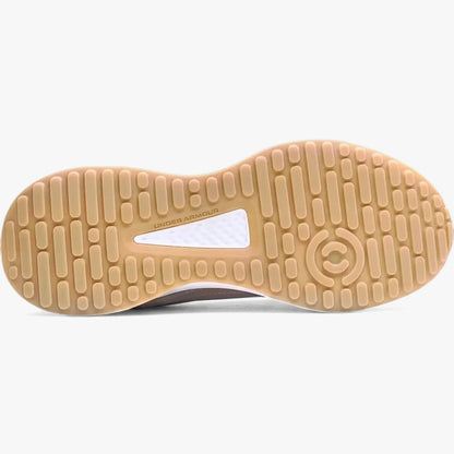 Under Armour Mens Edge Leather Sneaker with a beige textured sole, featuring white sections and brand logos, viewed from the