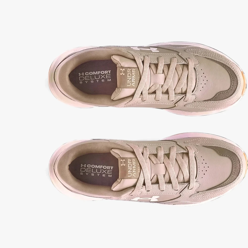 Two Under Armour Mens Edge Leather Sneakers in beige, viewed from directly above.
