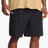 Close-up of Under Armour Mens Vibe Woven Cargo Shorts in black, featuring visible cargo pockets and the brand logo on the
