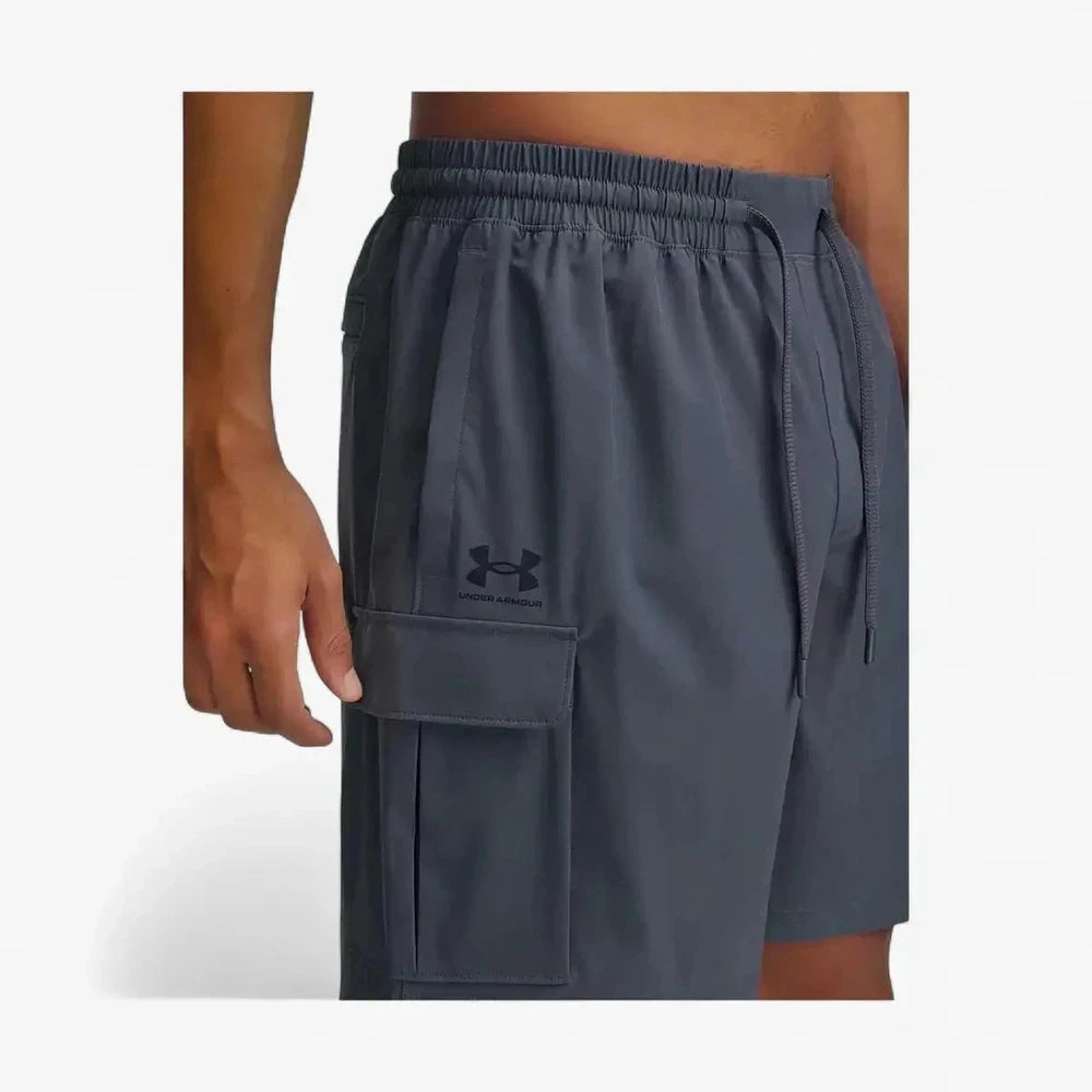 Under Armour Mens Vibe Woven Cargo Shorts in Castlerock with elastic waistband and side cargo pocket
