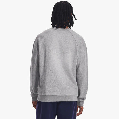 Back view of a person wearing an Under Armour Rival Fleece Crew Sweater in 025 Grey, showcasing the design.