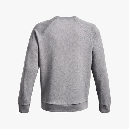 Back view of an Under Armour Rival Fleece Crew Sweater in 025 Grey, showcasing the soft fleece fabric and ribbed details.