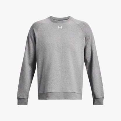 Grey Under Armour Rival Fleece Crew Sweater shown in a front view, made from soft fleece fabric with a classic crew neck.