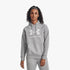 Woman wearing a grey Under Armour Rival Fleece Big Logo hoodie and matching sweatpants, shown from the front.