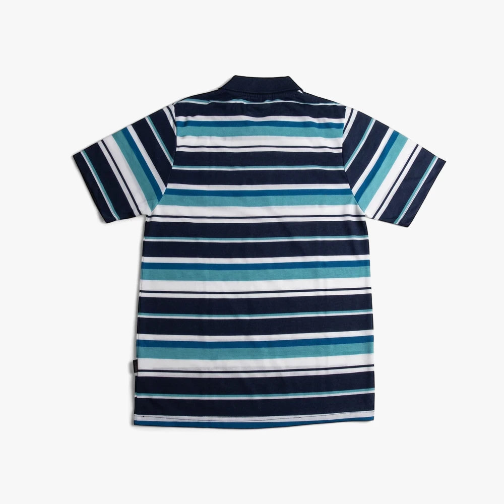 Urban Life Mens Golfer Blue Navy Stripe short-sleeved polo shirt, shown from the back, featuring blue, navy, teal, and white