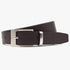 Brown leather belt with a silver rectangular buckle and polished loop, displayed angled on a plain background.