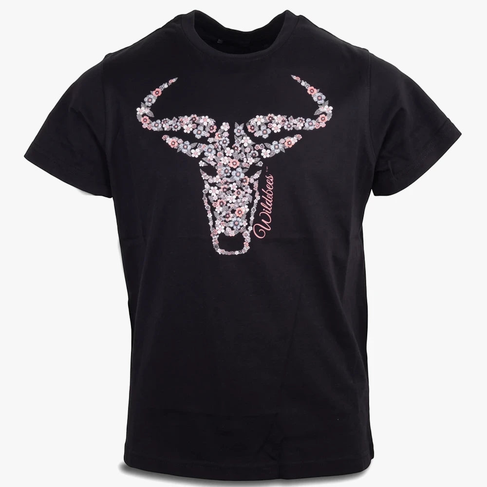 Wildebees Girls Disty Floral Tee in black featuring a jeweled deer head graphic with pink floral accents.