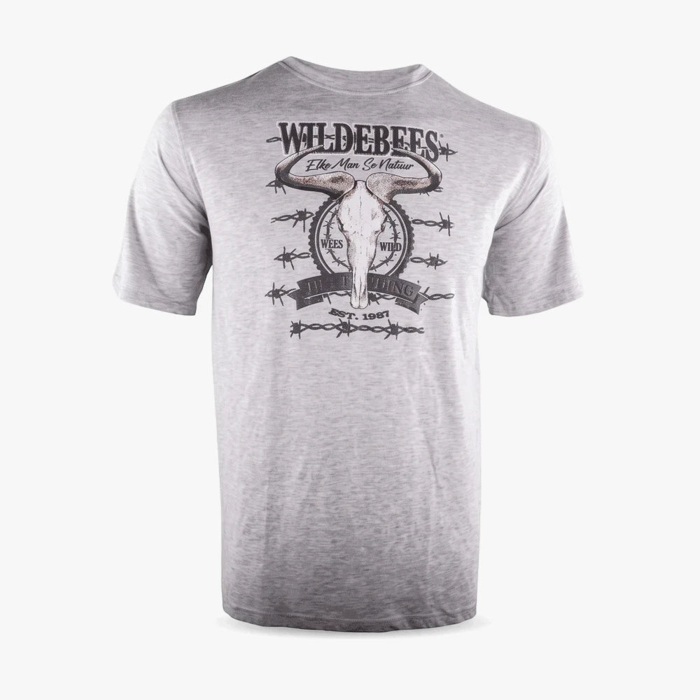 Wildebees Mens Barbed Skull Short Sleeve Tee in grey with a prominent puff print barbed wire and skull graphic on the front.
