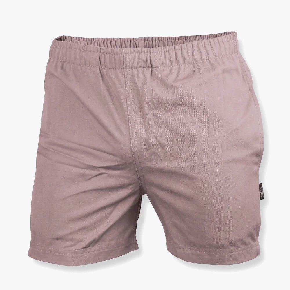 Wildebees Mens Casual Braai Shorts in khaki, featuring an elastic waist and a comfortable fit, displayed on a simple