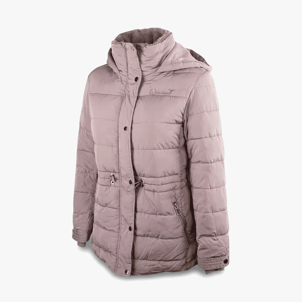 Wildebees Womens Hooded Puffer Jacket in pebble stone, featuring a quilted design and faux fur-lined hood.