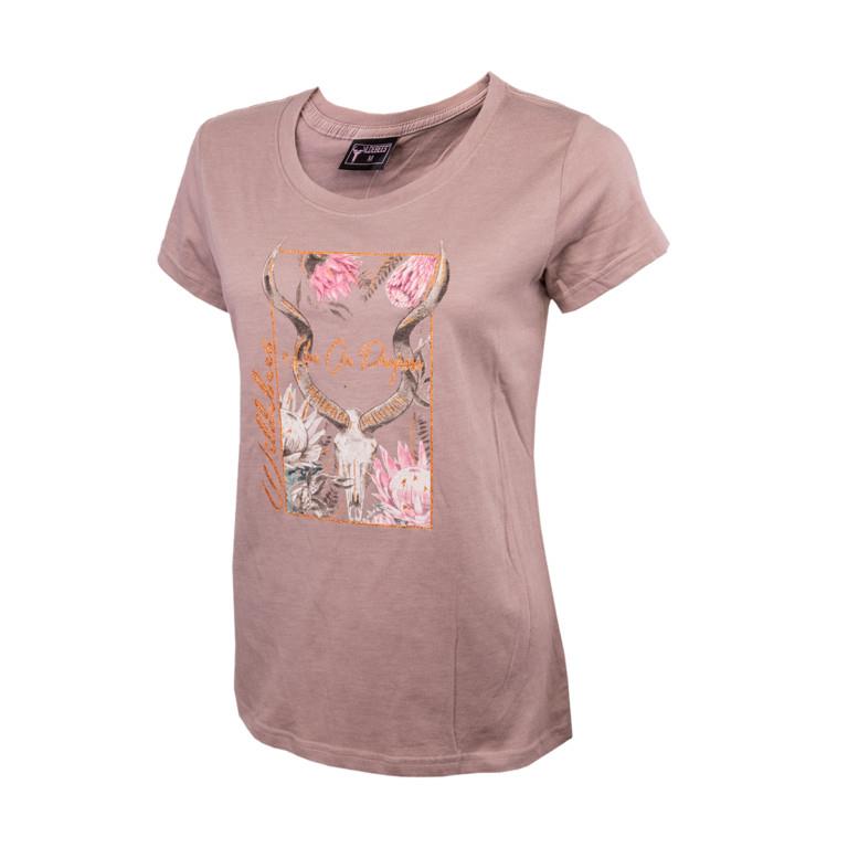 Wildebees Womens Protea Kudu Skull Short Sleeve Tee Latte Melange