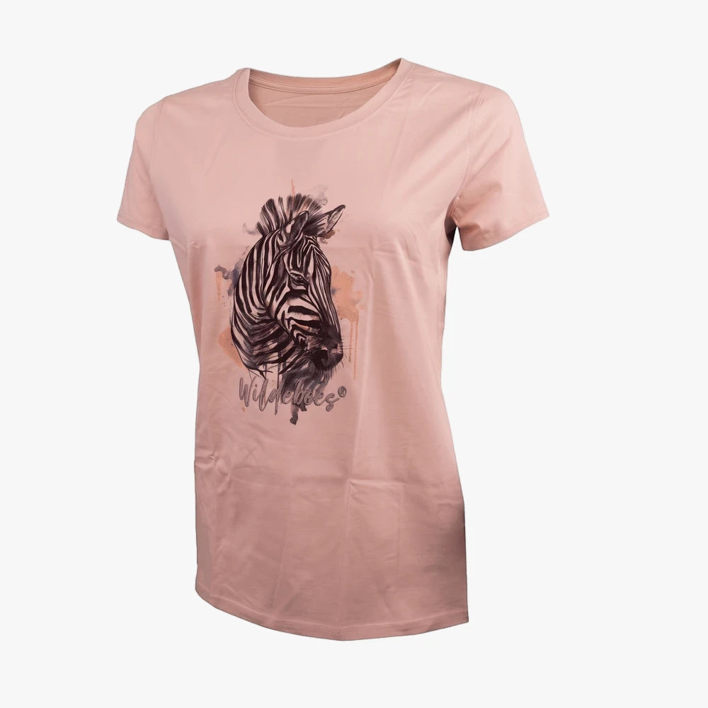Wildebees Womens Serenity Short Sleeve Tee in a parchment hue, showcasing a distinctive zebra head graphic on the front.