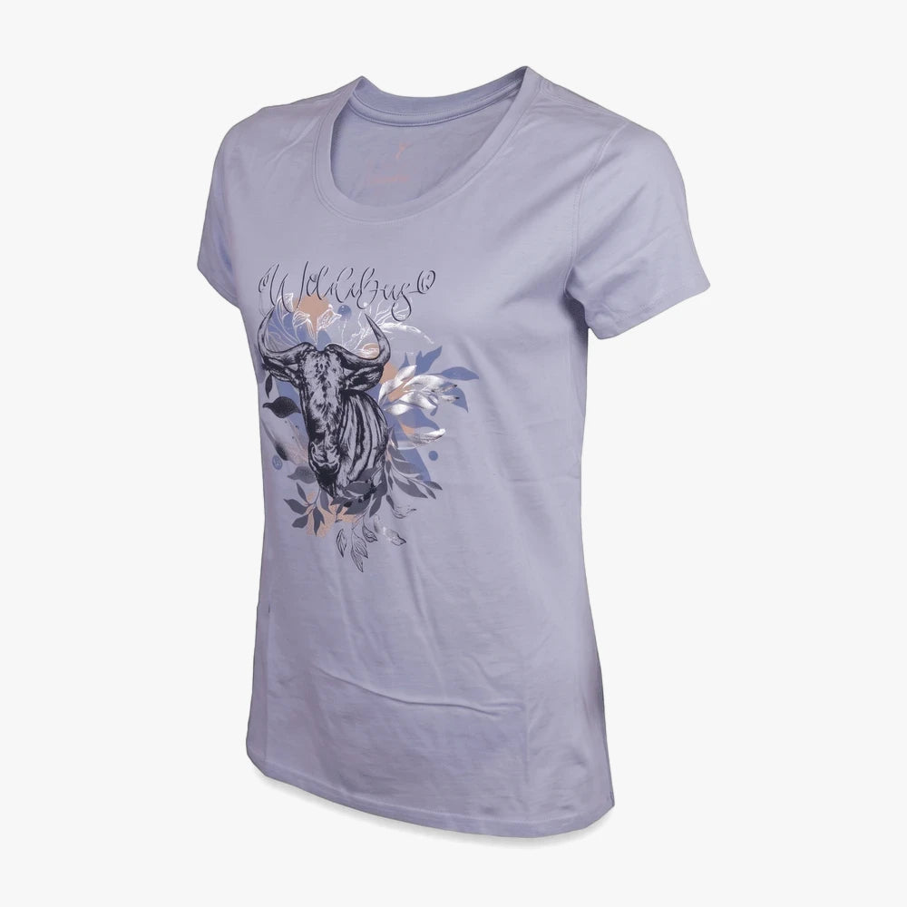 Wildebees Womens Sketch Short Sleeve Tee in lilac ash mel, featuring a central wildebeest graphic and floral design.
